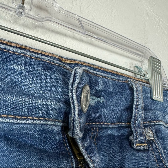 American Eagle Skirt Hi Rise Mini Denim Jean Solid Medium Wash Blue Raw Hem Fray - Picture 3 of 7